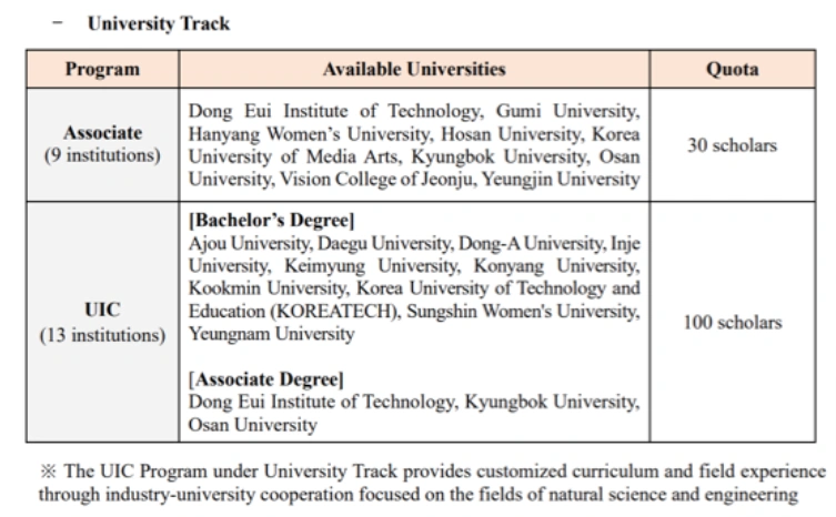 GKS Undergraduate University Track Fields of Study